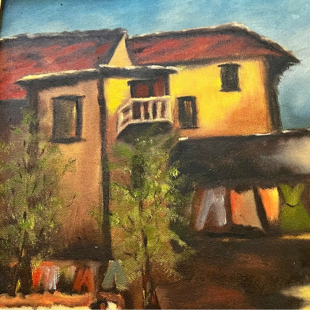 E. Dagnin Original Oil Painting, Mexico Village, Gold Coating Wood Frame - Picture 4 of 7